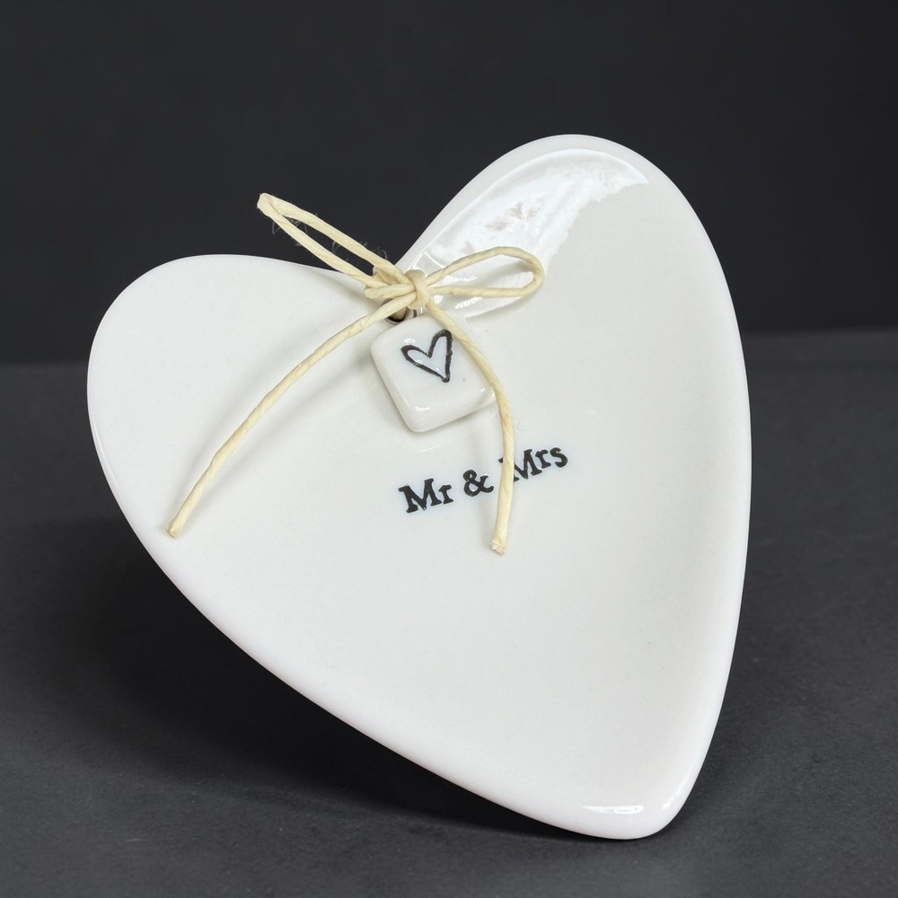 East of India Mr & Mrs Heart Trinket Dish White Ceramic Ring Tray Wedding Gift